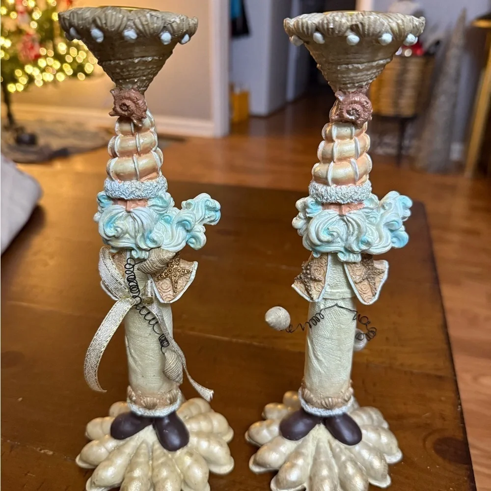 Santa at the beach candlesticks, blue and cream. Preowned